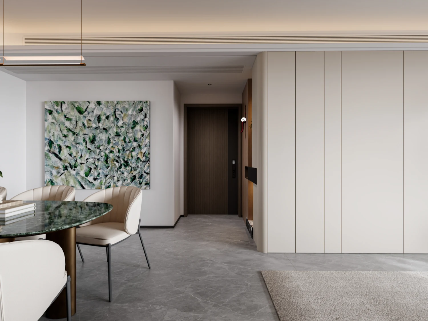 Elegant living space with bespoke cabinetry and warm lighting